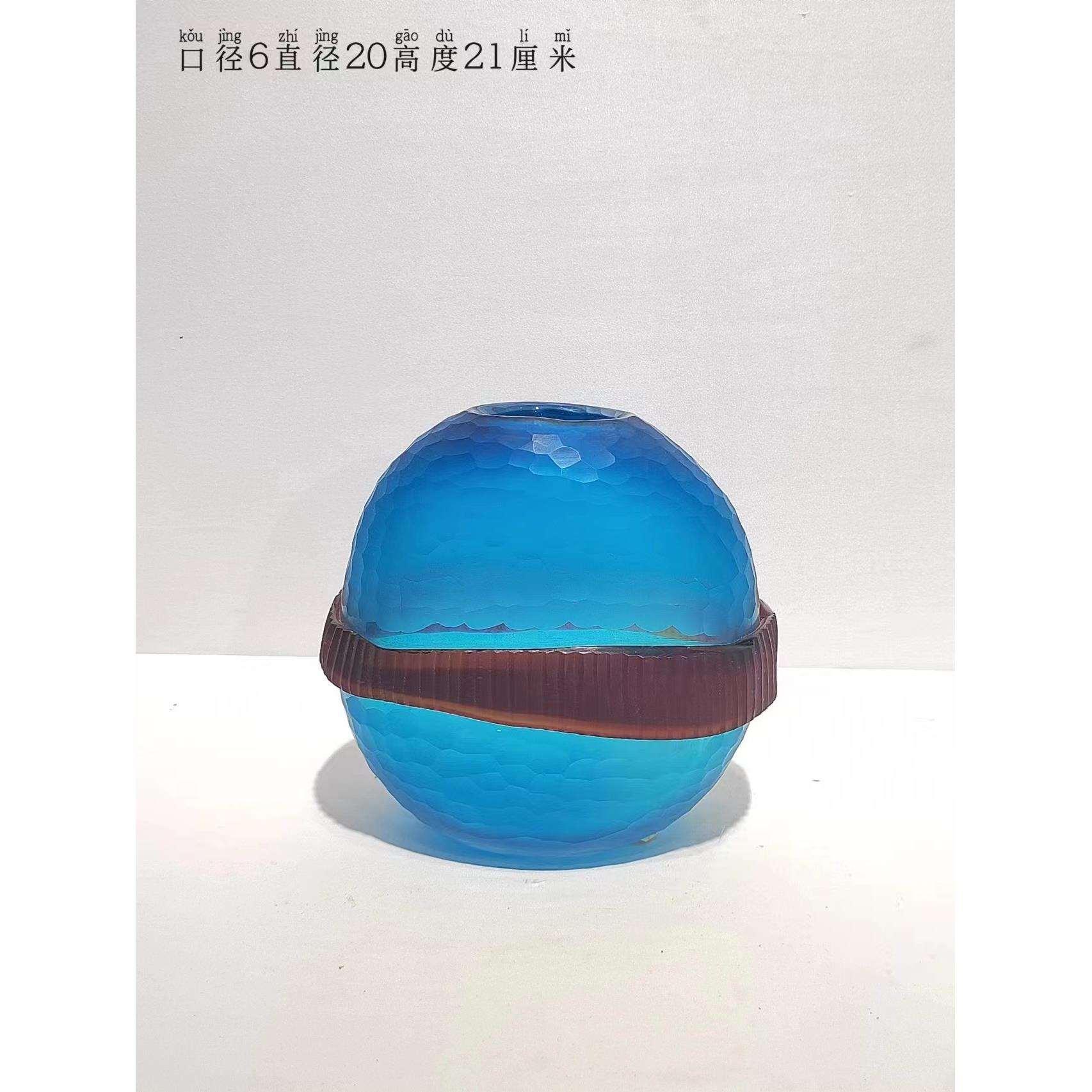 欧式简约蓝色中间横黑带玻璃花瓶摆件家居样板房插花软装饰品摆件
