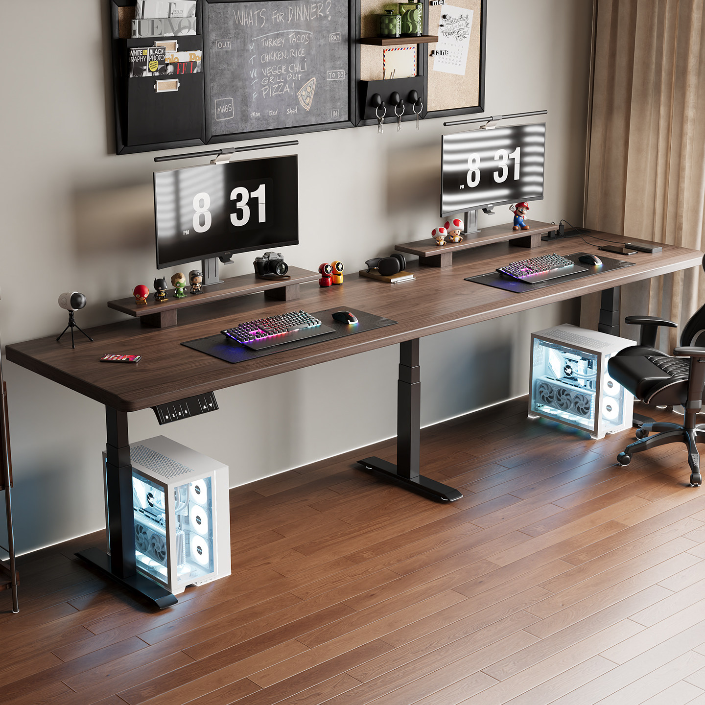 朴智雅 黑胡桃木实木双人电动升降桌电脑桌大书桌办公桌工作台