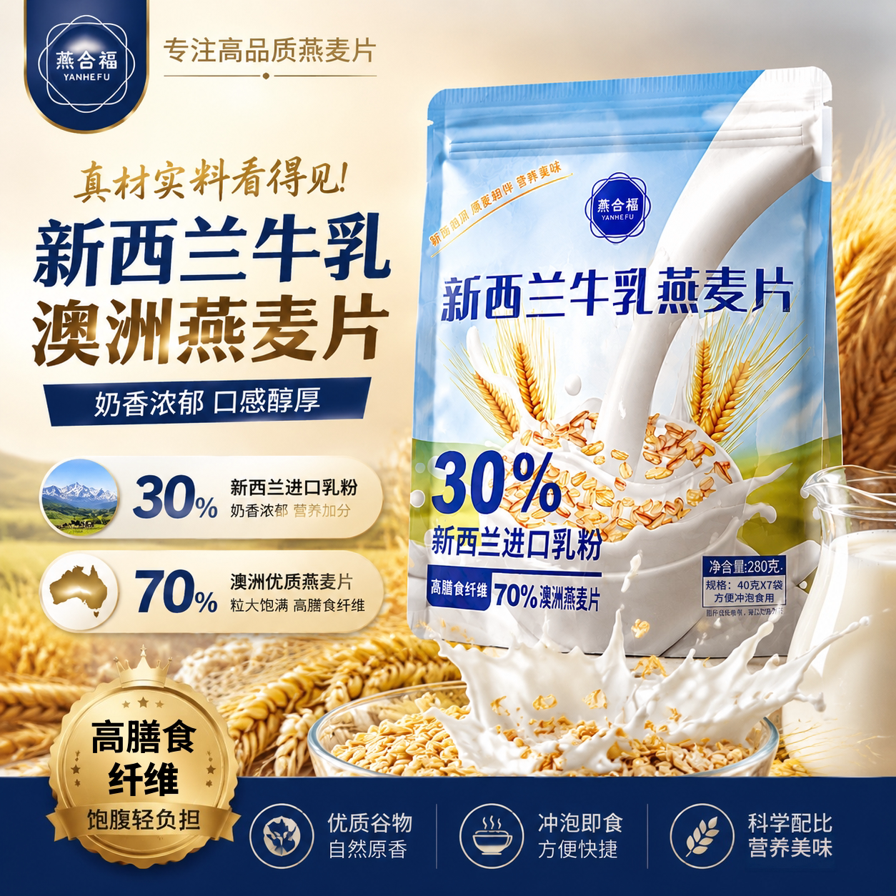 燕合福新西兰牛乳燕麦片即食早餐