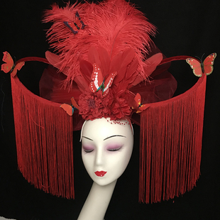 新款中国风个性模特走秀夸张头饰 红黄蓝色新娘创意羽毛流苏发饰