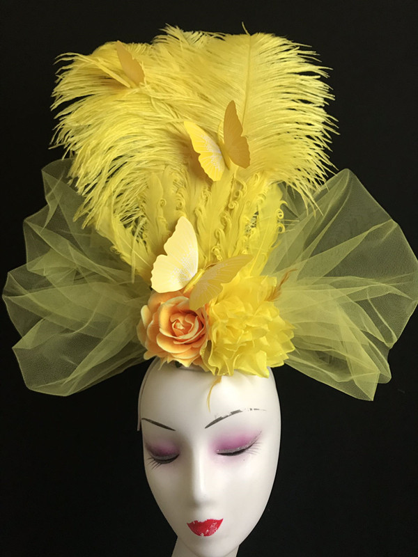 新品手作中国风黄色羽毛头纱舞台走秀影楼彩妆创意个性造型头饰女