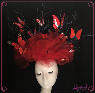 时尚夸张蝴蝶红纱枯枝头饰T台走秀舞台表演影楼摄影写真创意发饰