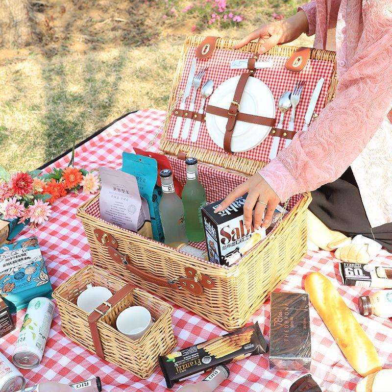 手工编织野餐篮带餐具户外野营聚餐手提篮带盖收纳箱野炊拍摄道具