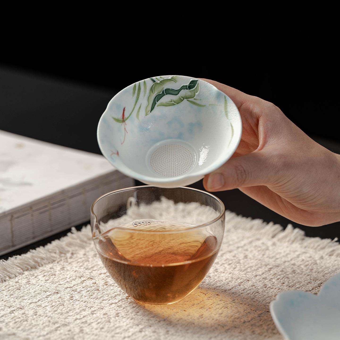 弥言纯手绘荷花陶瓷家用茶漏组全瓷茶渣过滤器茶道配件滤茶网整套