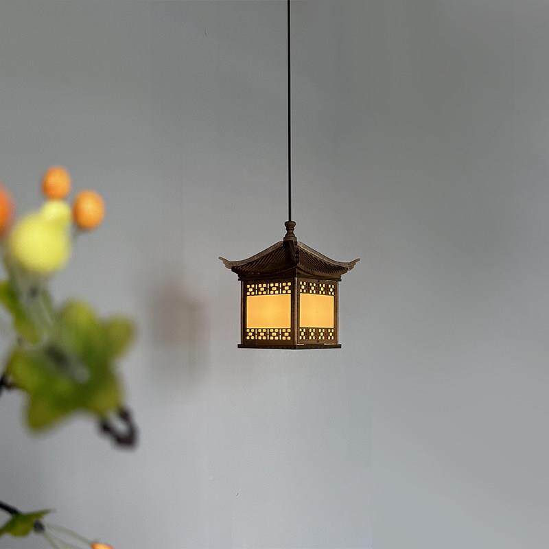 新中式仿古四角凉亭建筑长灯廊过道吊灯木艺餐厅A180包厢房子吊氛