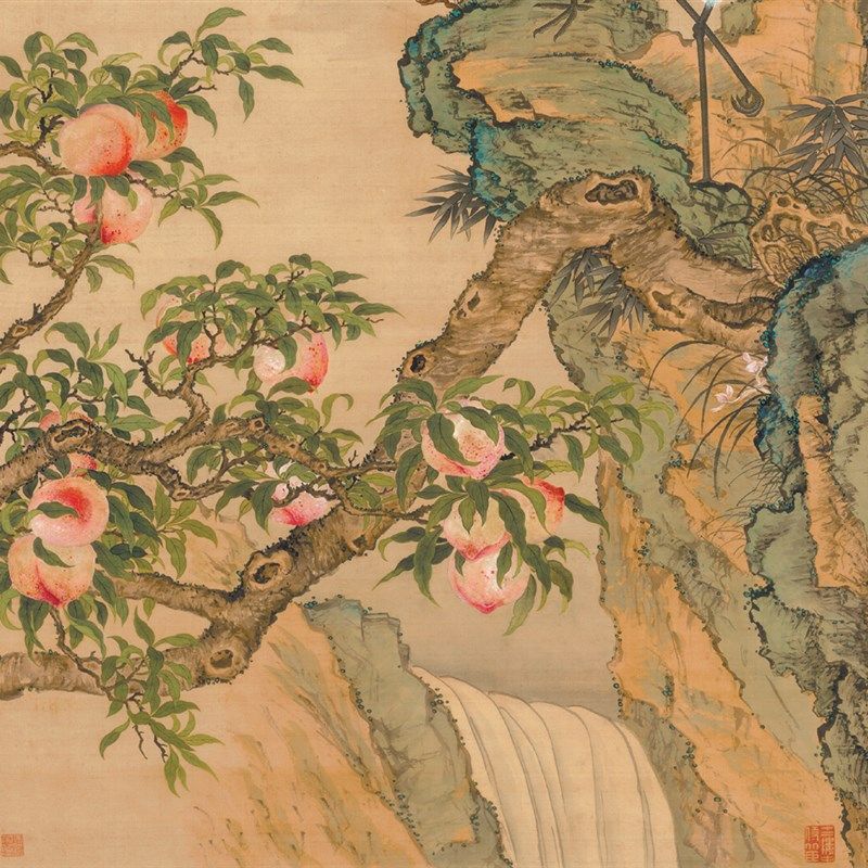 中式复古国画卷轴蟠桃双鹤图适合国画