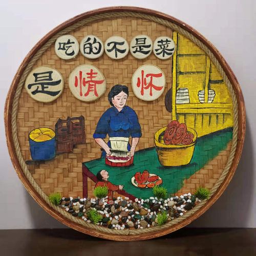 手绘竹编簸箕画复古怀旧饭店墙面装饰挂件农庄墙壁挂饰农家乐墙饰