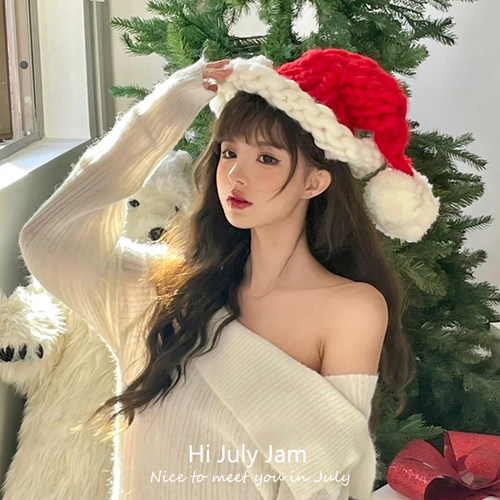 圣诞节红色帽子圣诞老人针织帽粗毛线帽网红氛围拍照道具新年头饰