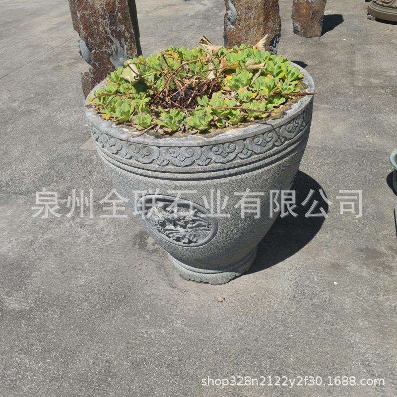 圆形石雕鱼缸水缸莲花缸大理石花岗岩石头荷花缸花钵花盆石雕雕塑