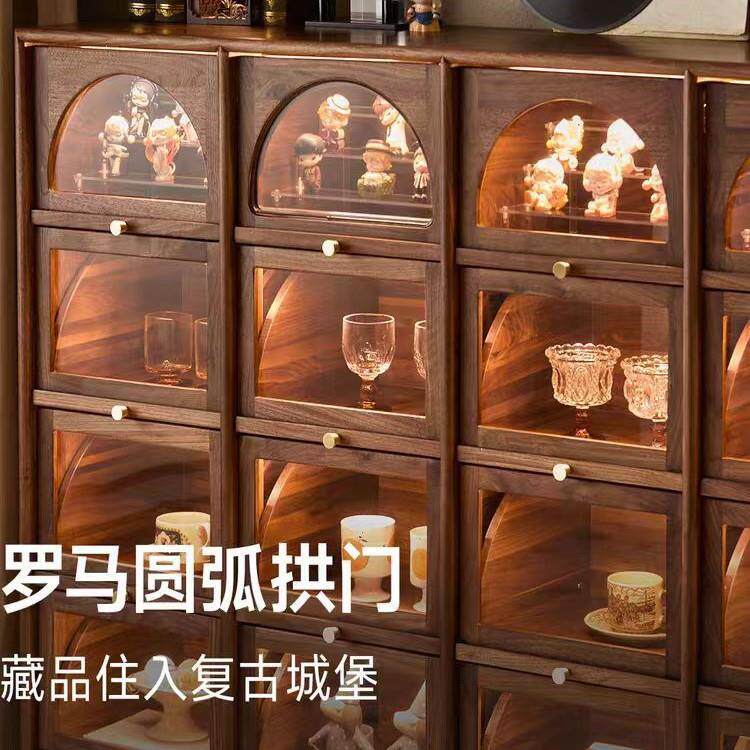 朴愫木作黑胡桃木十六格柜实木复古客厅展示柜中古斗柜含灯带书柜