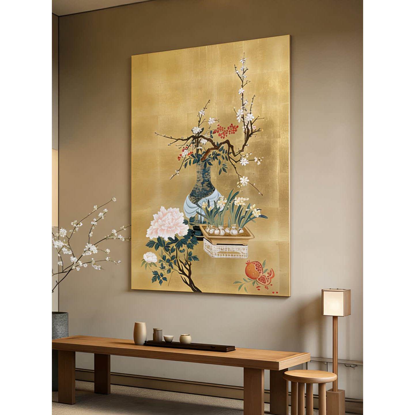 手绘清供图金箔画禅意茶室景墙挂画走廊关过道入饰户门玄GDN装背