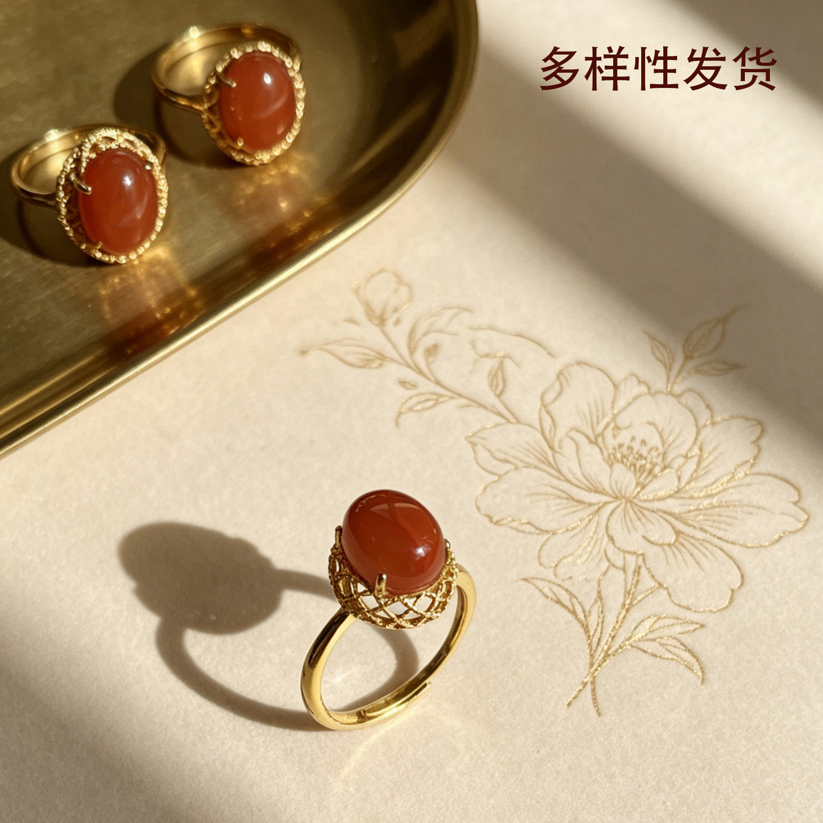 （若禧珠宝）天然南红玛瑙蛋面戒指S925银镶嵌镂空渔网纹活口戒指