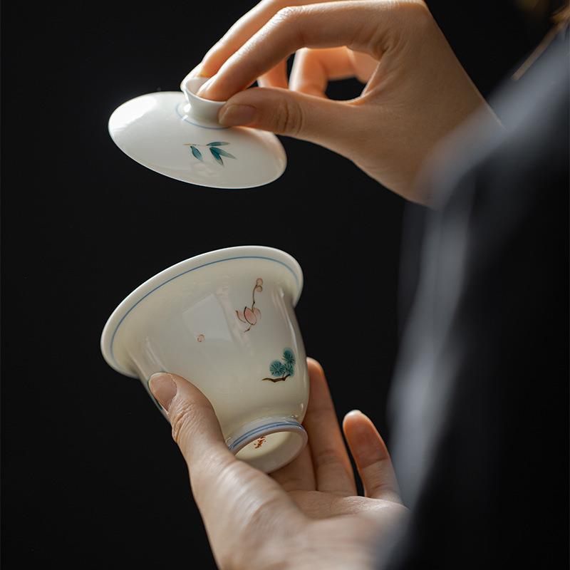 墨己 玉泥手绘高足盖碗 薄胎陶瓷泡茶碗 文人雅植家用白瓷盖碗
