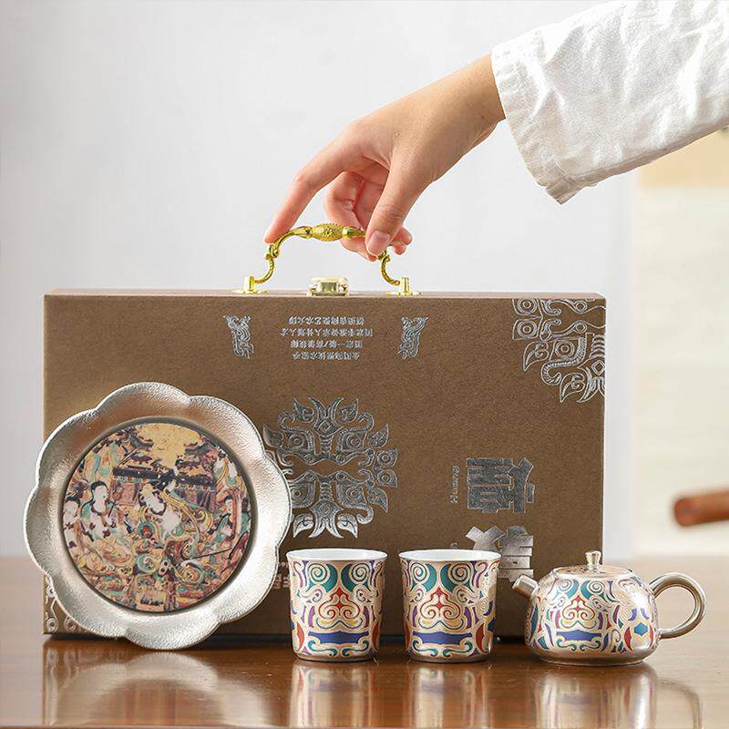 敦煌文创金银错便捷茶具小套装陈德生大师手工高档送礼银茶壶杯子