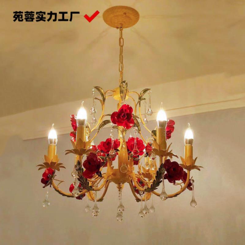 美式田园吊灯铁艺花草灯客厅餐厅卧室复古风欧式水晶玫瑰花蜡烛灯