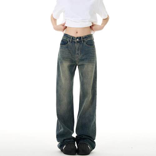 YEBOUN美式复古牛仔裤男女深色高街水洗做旧高腰阔腿宽松直筒裤子