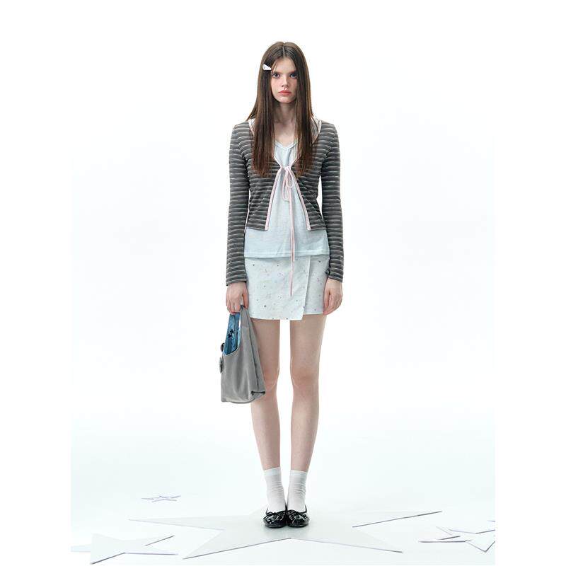 NECY【8/7 20:00】撞色条纹开襟外套 系带设计外套