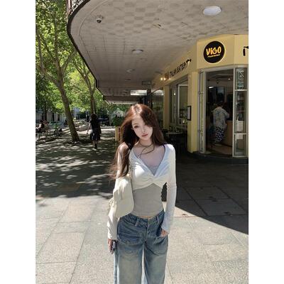 Suuuicee浪漫Balmain 假两件扭结设计感条纹长袖T恤撞色针织上衣