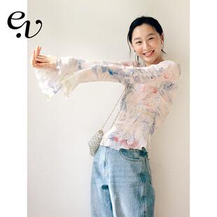 设计感压褶印染雪纺衫 Even 法式 复古温柔 女上衣春夏 Vintage