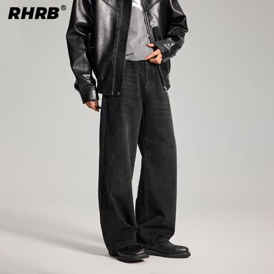 RHRB男士直筒阔腿黑色牛仔裤男款夏季薄款美式高街黑牛宽松长裤子