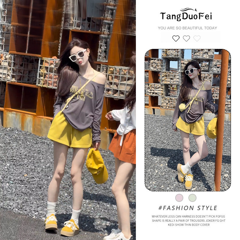 时尚chin斜肩字母印花长袖T恤女2026年新款薄款防晒罩衫气质上衣