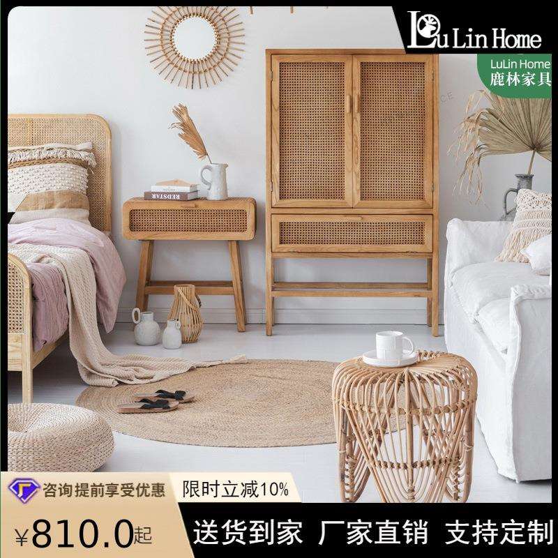 北欧家用卧室藤编实木床头柜网红客厅餐边桌储物柜民宿日式床边桌
