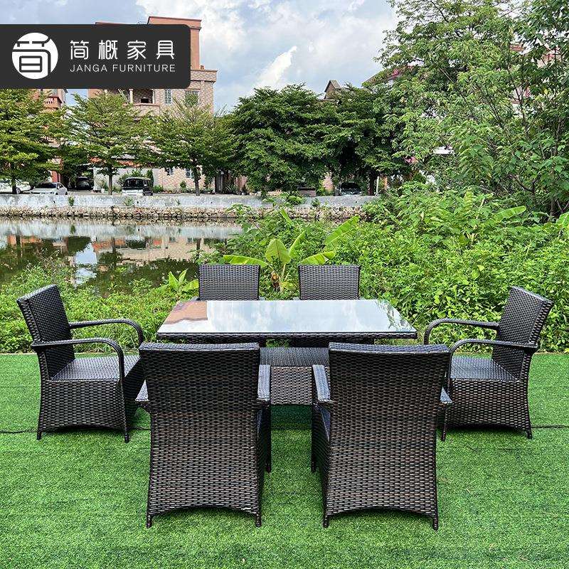户外休闲简约家具庭院民宿广场餐厅咖啡奶茶店藤椅一桌六椅遮阳伞