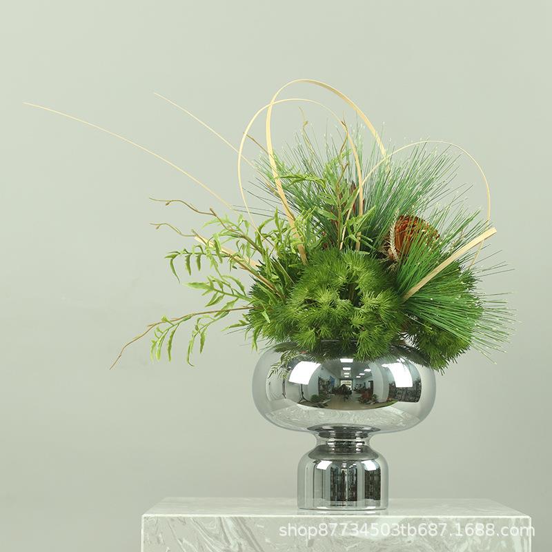 简约现代银色镜面玻璃花瓶摆件客厅插花轻奢高档花器仿真花装饰品