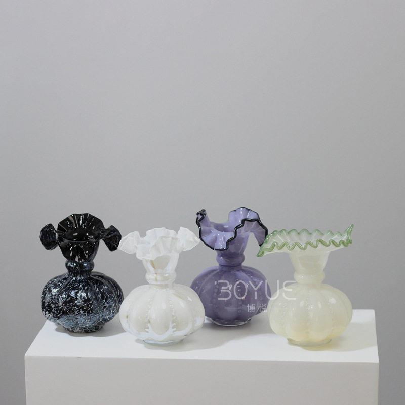 中古奶油风芬顿手工花边琉璃摆件创意客厅餐桌玄关水养鲜花干花