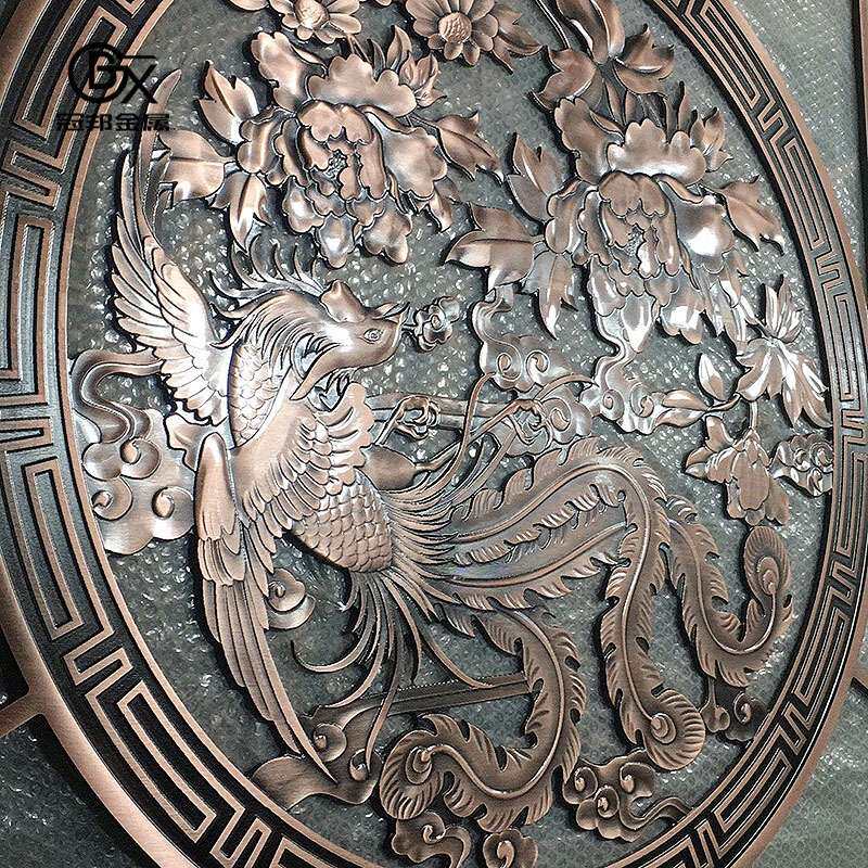 圆形铝雕浮雕壁画迎客松大型工艺品庭院玄关影壁墙仿铜雕刻制品