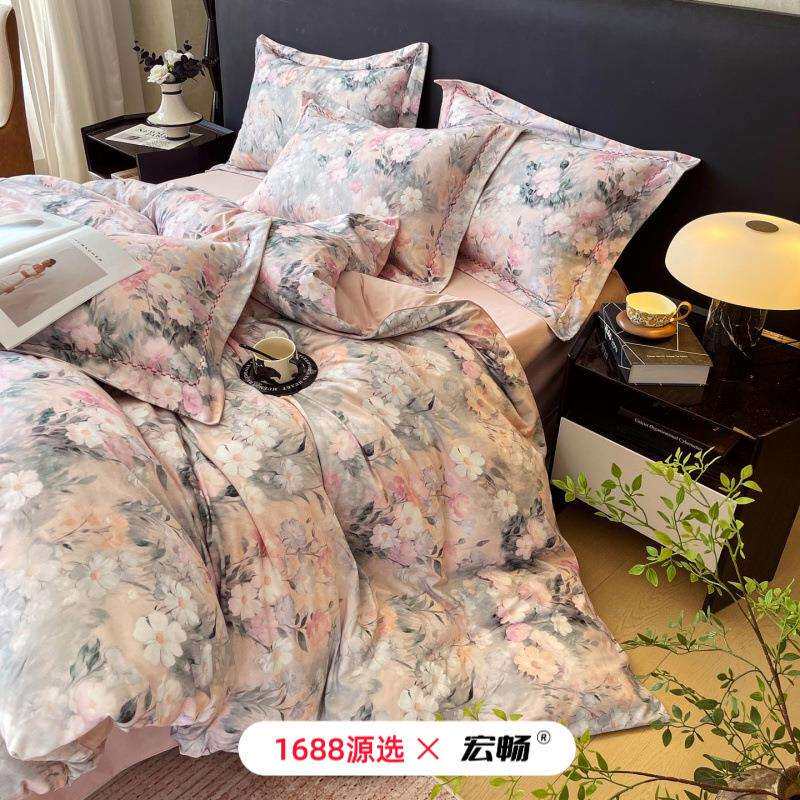 全棉加厚磨毛四件套秋冬保暖纯棉斜纹印花被套田园花卉床品套件