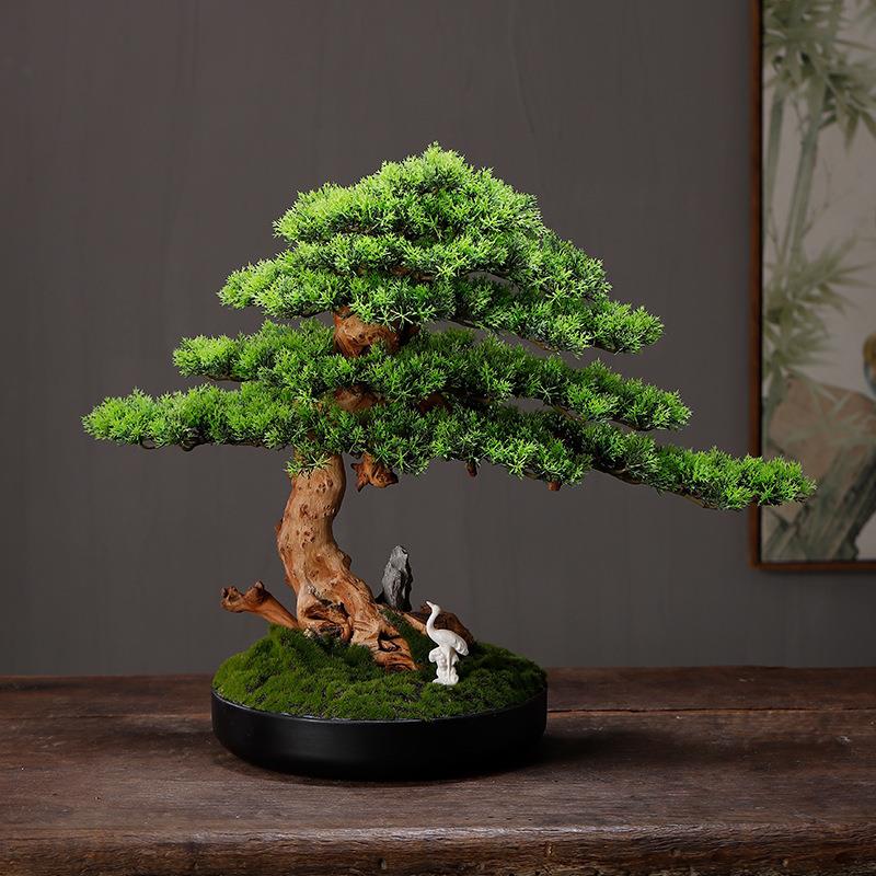 仿真植物实木摆件黑松盆景绿植迎客松罗汉松办公室玄关五针松客厅