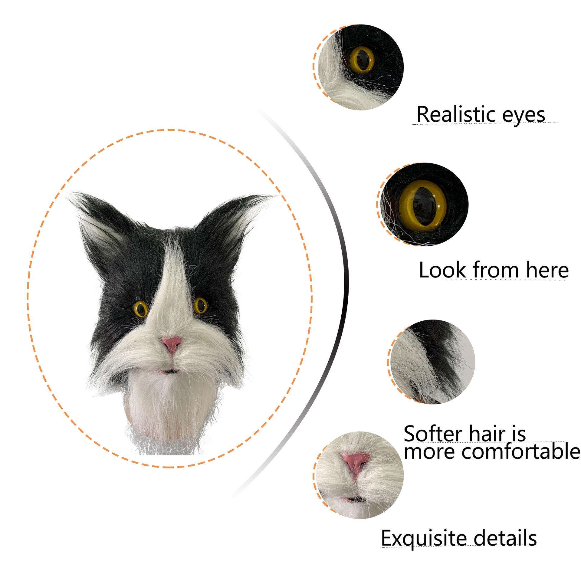 柴郡猫 黑白猫超萌仿妆带毛面具 乳胶动物面具 cosplay动物头套