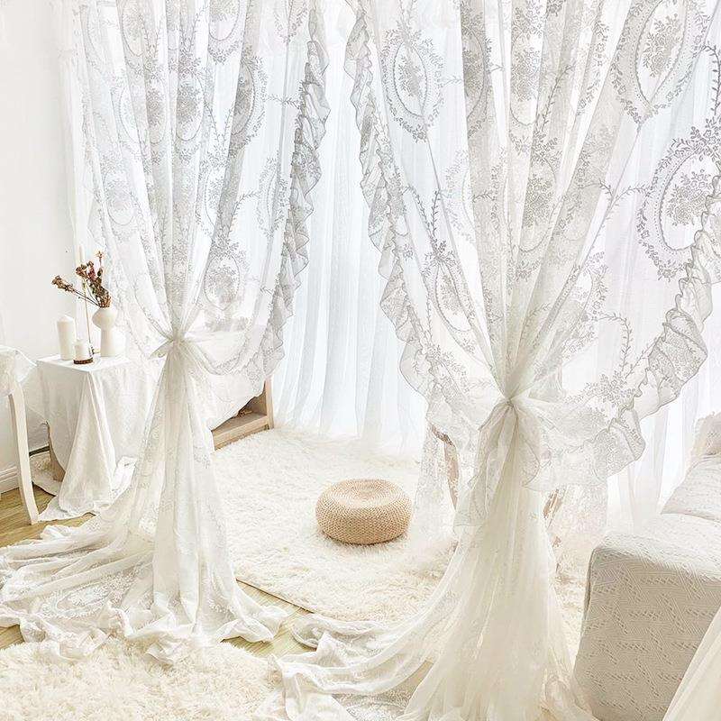 法式复古白色蕾丝公主风少女纱帘欧式现代客厅飘窗荷叶边成品窗帘
