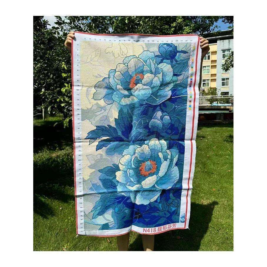 绣好的纯手工十字绣成品花开富贵牡丹竖版玄关装饰画馥郁芬芳