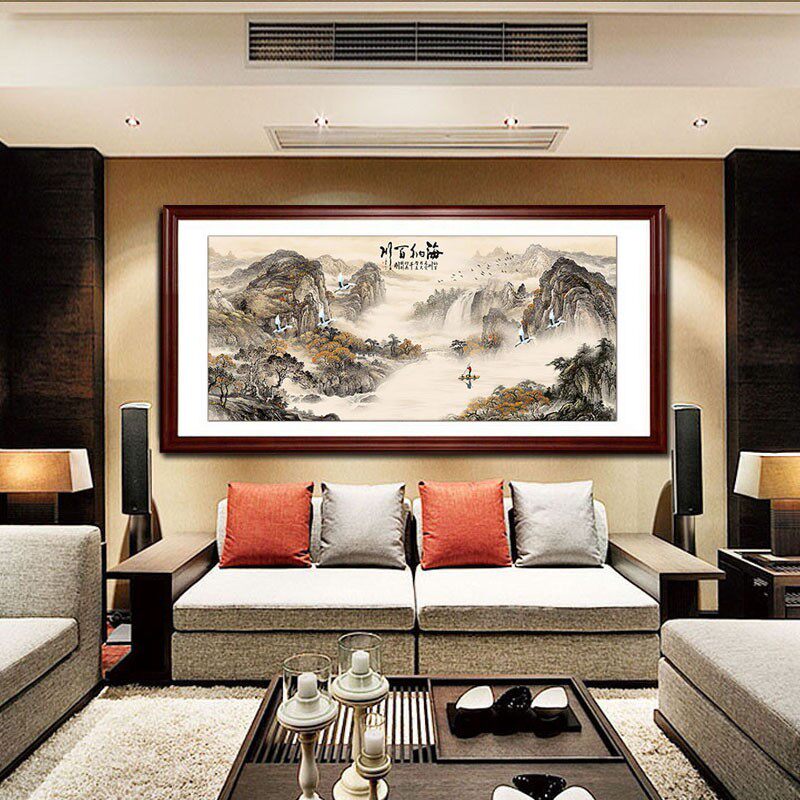 海纳百川山水画客厅装饰画办公室挂画新中式沙发背景墙国画有框