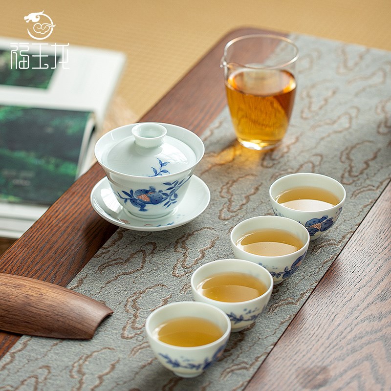 福玉龙手绘青花石榴陶瓷盖碗茶杯高档景德镇泡茶茶碗功夫茶具套装