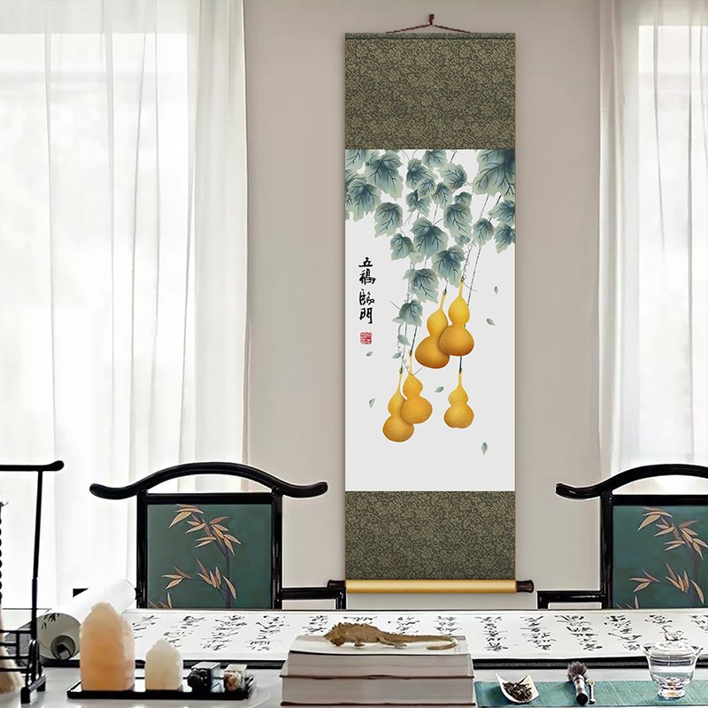 新中式五福临门福禄装饰画装裱卷轴客厅书房办公室玄关葫芦挂画