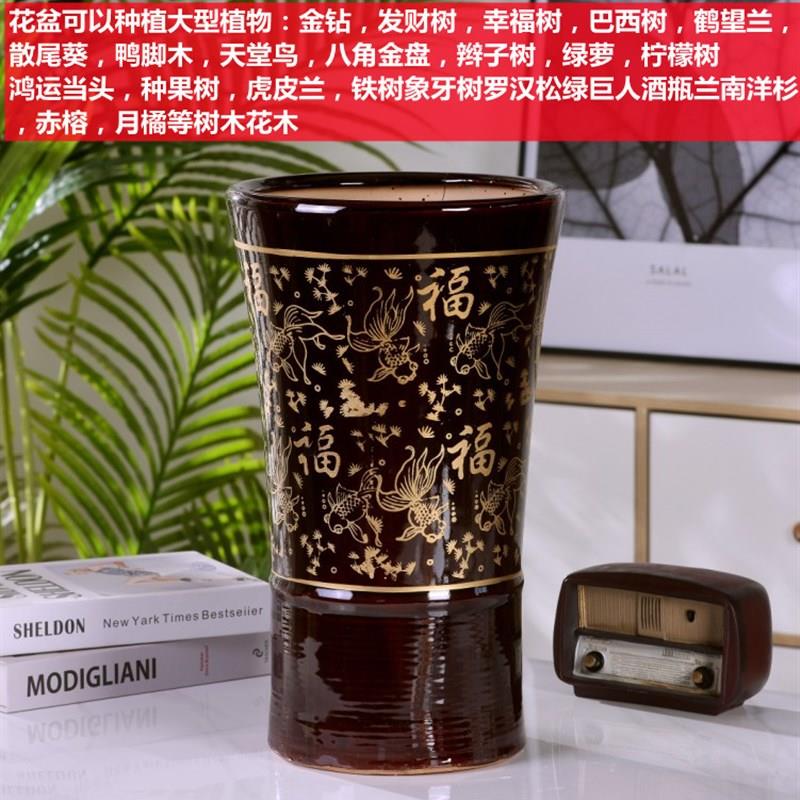 陶瓷高款客厅棕色室外大花盆深盆高筒60花盆50厘米花盆超大号有孔