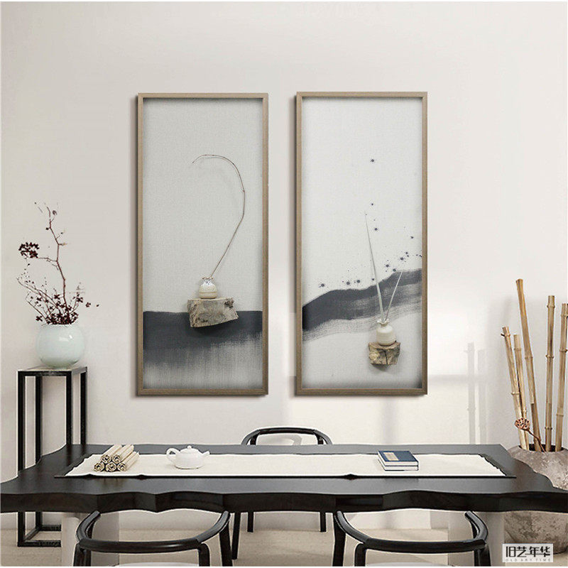 花瓶摆件 客厅 插花装饰画新中式手工立体木头挂画实物水墨创意画