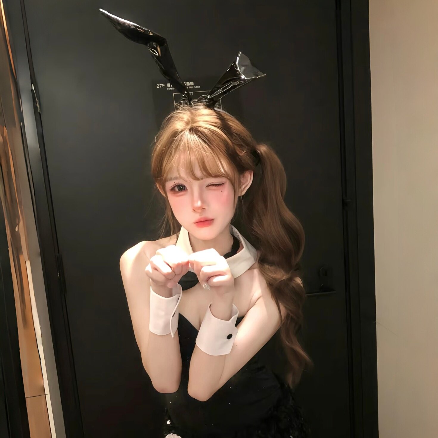 人类一败兔地~兔女郎cos服皮质黑色兔耳性感纯欲包臀裙制服套装