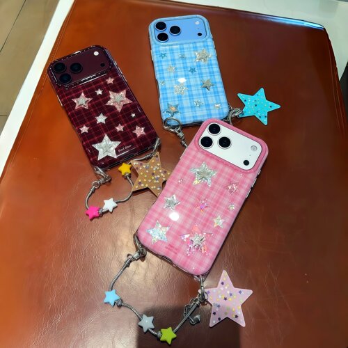 ins韩系格纹星星手机壳带挂链