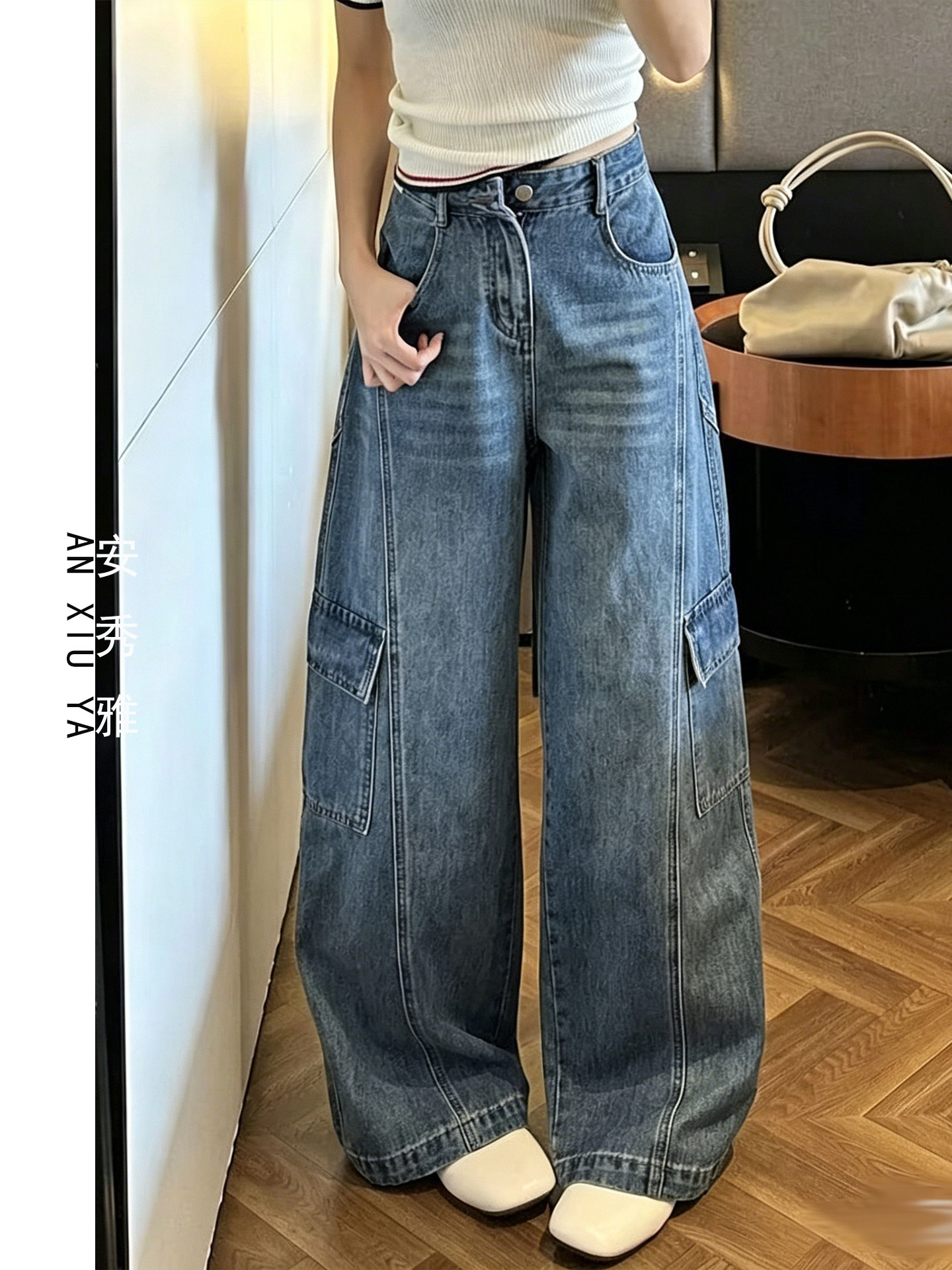 美式阔腿工装牛仔裤女秋季复古高腰镰刀裤子设计感宽松高腰弯刀裤