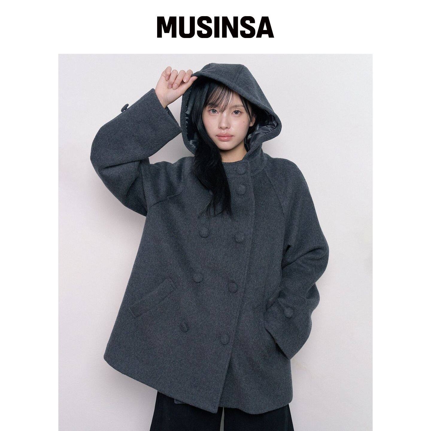 HUG YOUR SKIN 大衣连帽外套灰色通勤MUSINSA韩国官网直邮进口