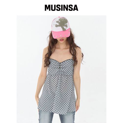 EXPIRED GIRL 格纹娃娃衫吊带蓝色 MUSINSA韩国官网直邮进口