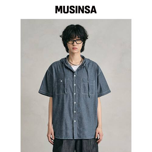 DECET 蓝色连帽短袖衬衫 DCSH013 MUSINSA韩国直邮官方正品