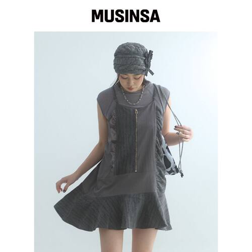 MOIREMOA Layer Patch Zip-Up Dress-炭灰色韩国官网直邮进口