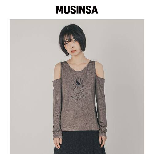 WHIMSY MIND 露肩蝙蝠袖刺绣上衣_鲑鱼色 MUSINS韩国官网直邮进口