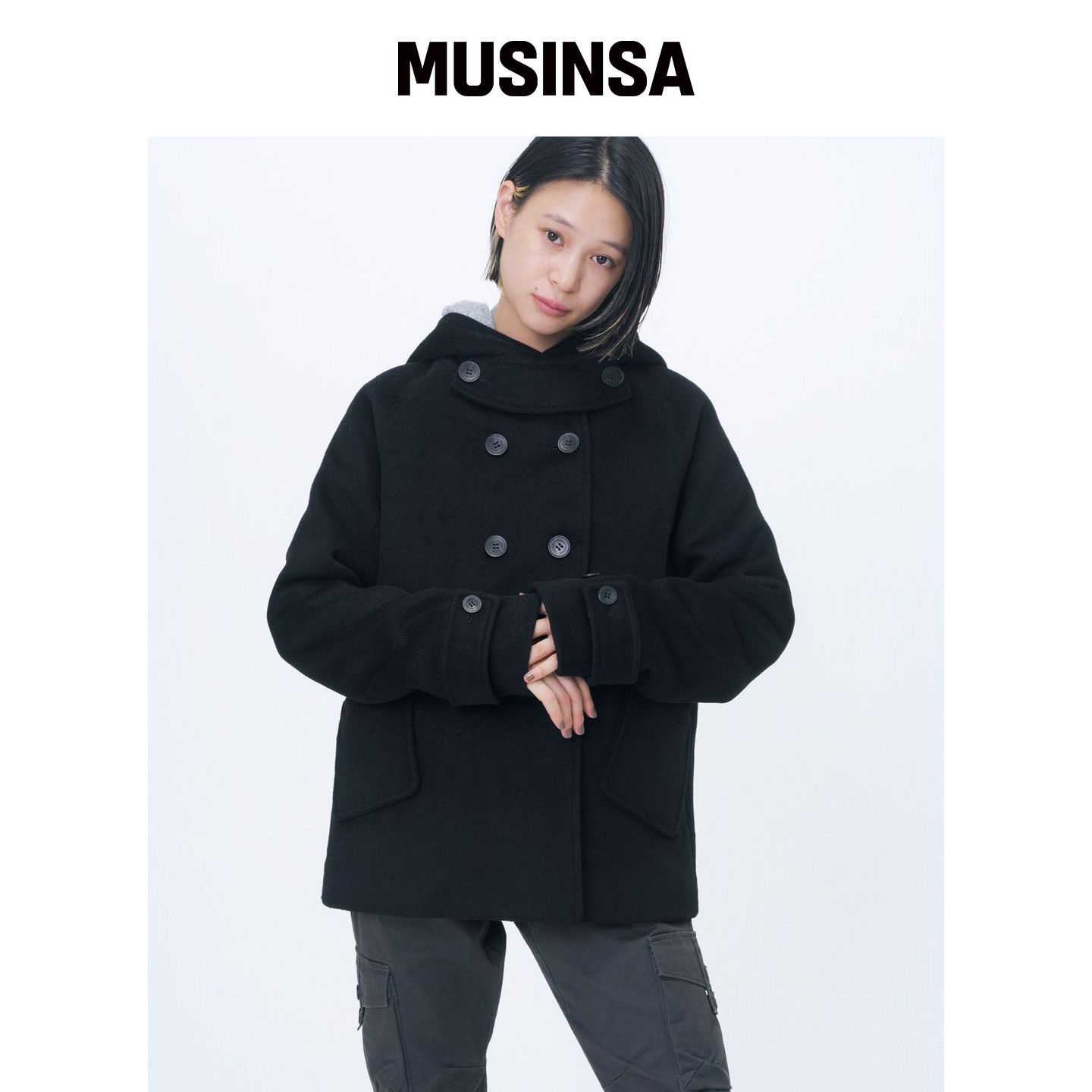 MISEKI SEOUL 双排扣韩系黑色外套连帽MUSINSA韩国官网直邮进口