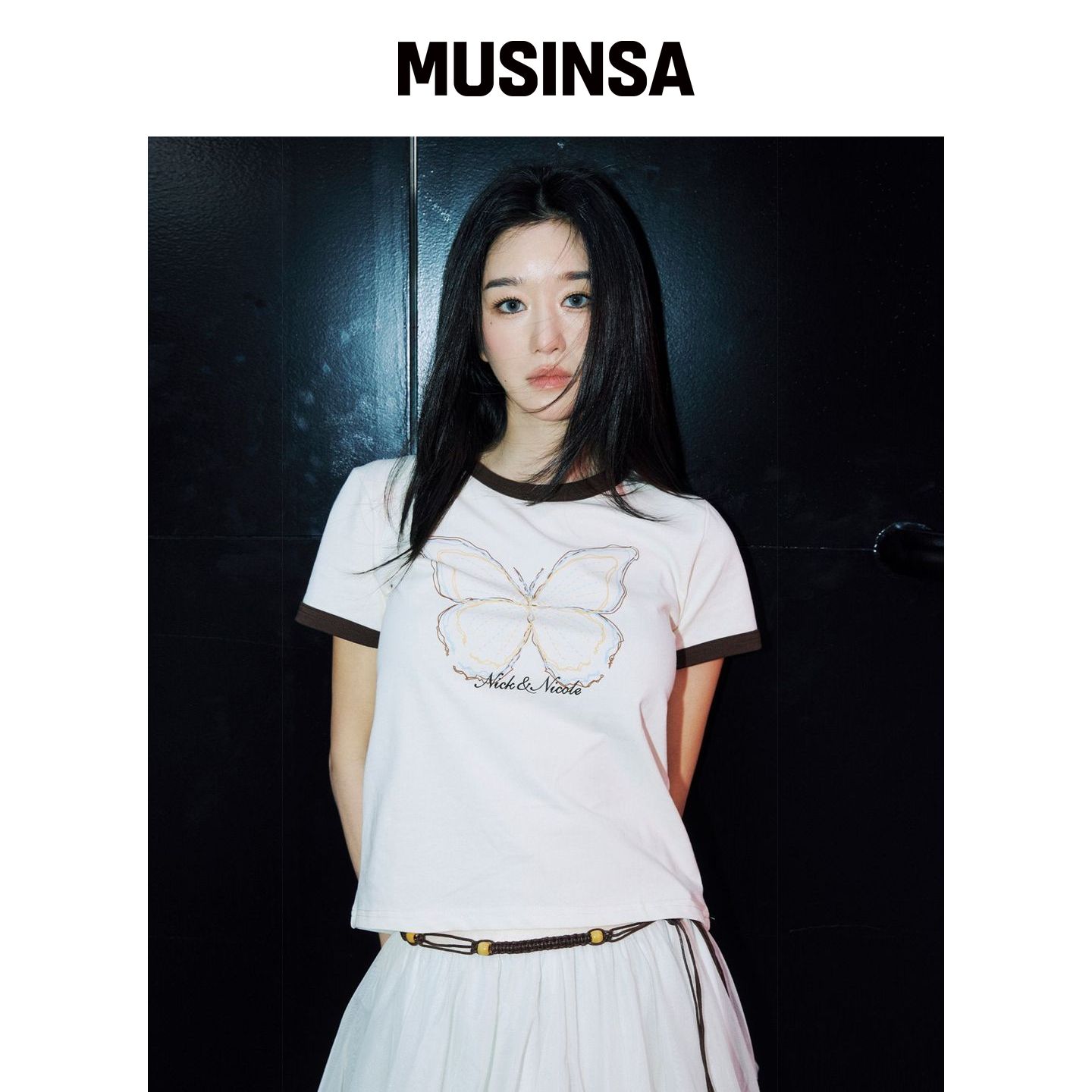 NICK&NICOLE 蝴蝶图案圆领上衣_奶油色 MUSINSA韩国直邮官方正品